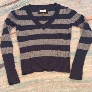 Y2k Embroidered AE Cable Knit Wool Blend Sweater V-neck Stripped Blue Gray Large